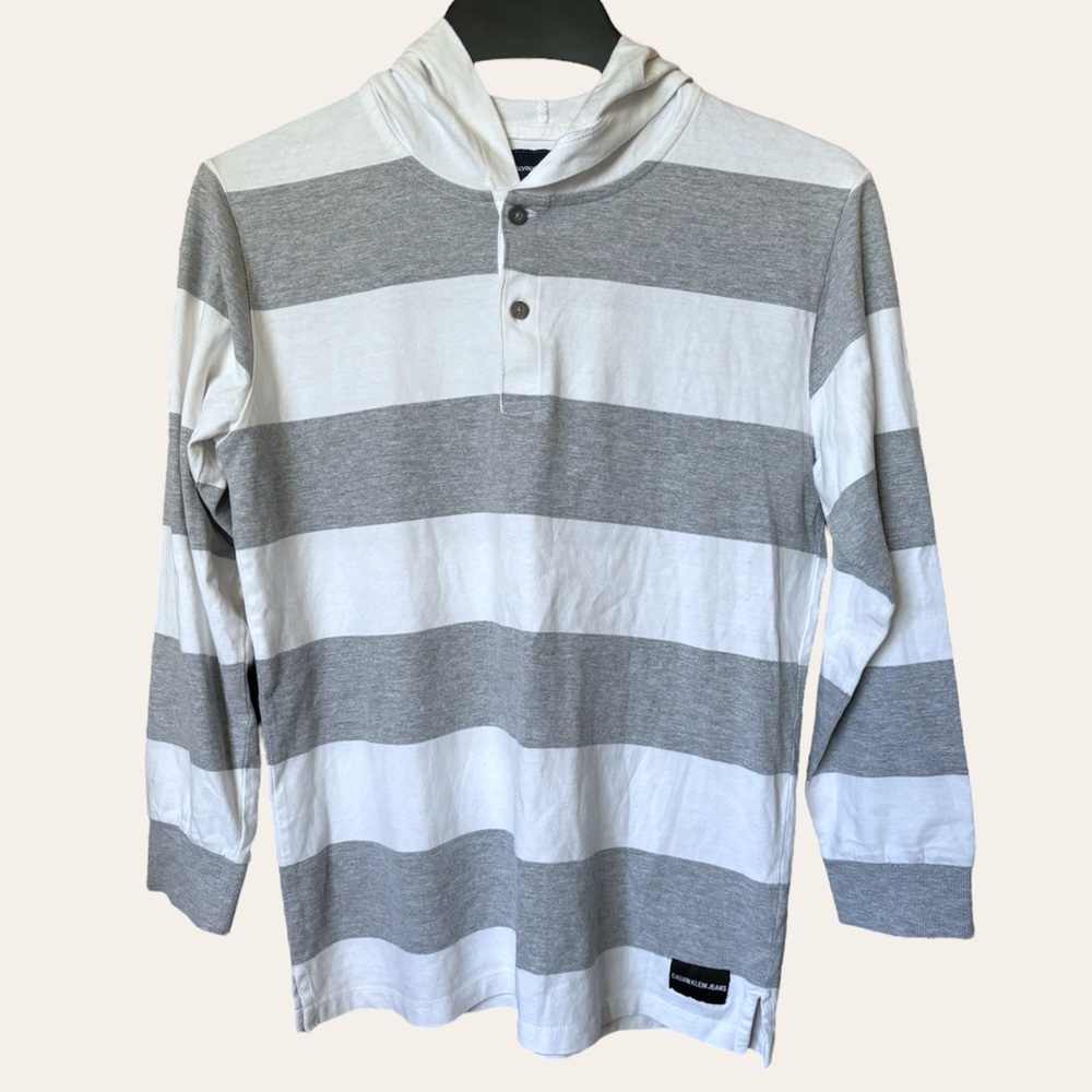 Calvin Klein Gray and White Lightweight Hoodie Size L(14/16)